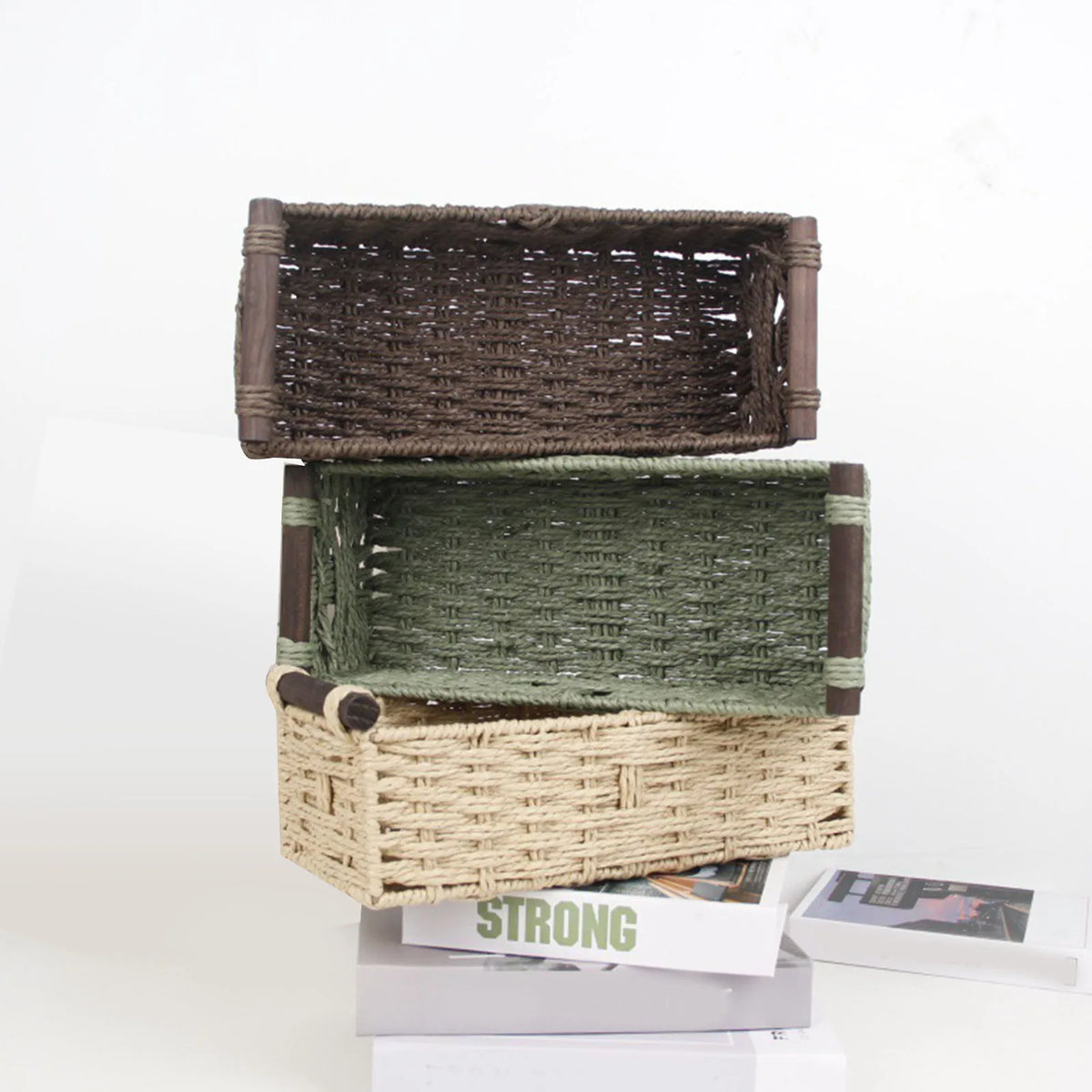 Toilet Paper Basket Handmade Decorative Cabinet Organizer Basket Breathable Wooden Handles Portable Paper Rope for Countertop