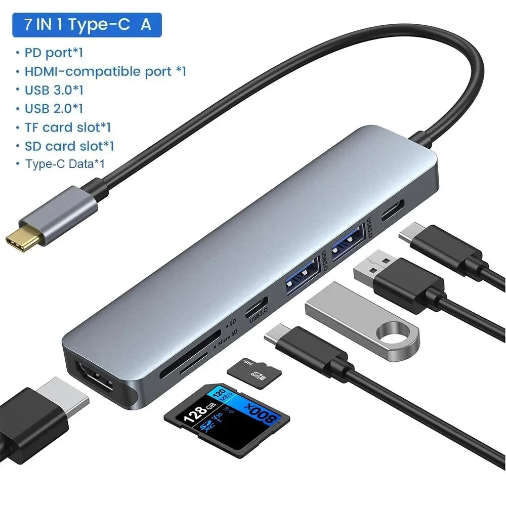 7 in 1 USB C Hub Adapter to 4K HDMI-Compatible SD TF Card Reader USB 3.0 2.0 Type C PD Charging for MacBook Pro Laptops
