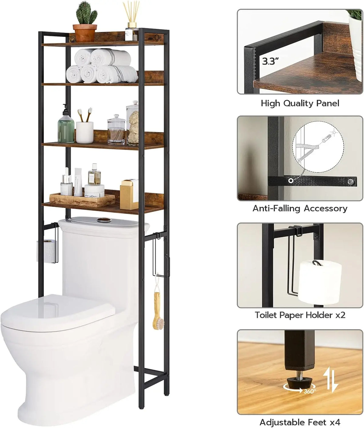 4-Tier Over Toilet Storage Rack with Hooks, Space-Saving Bathroom Organizer in Rustic Brown