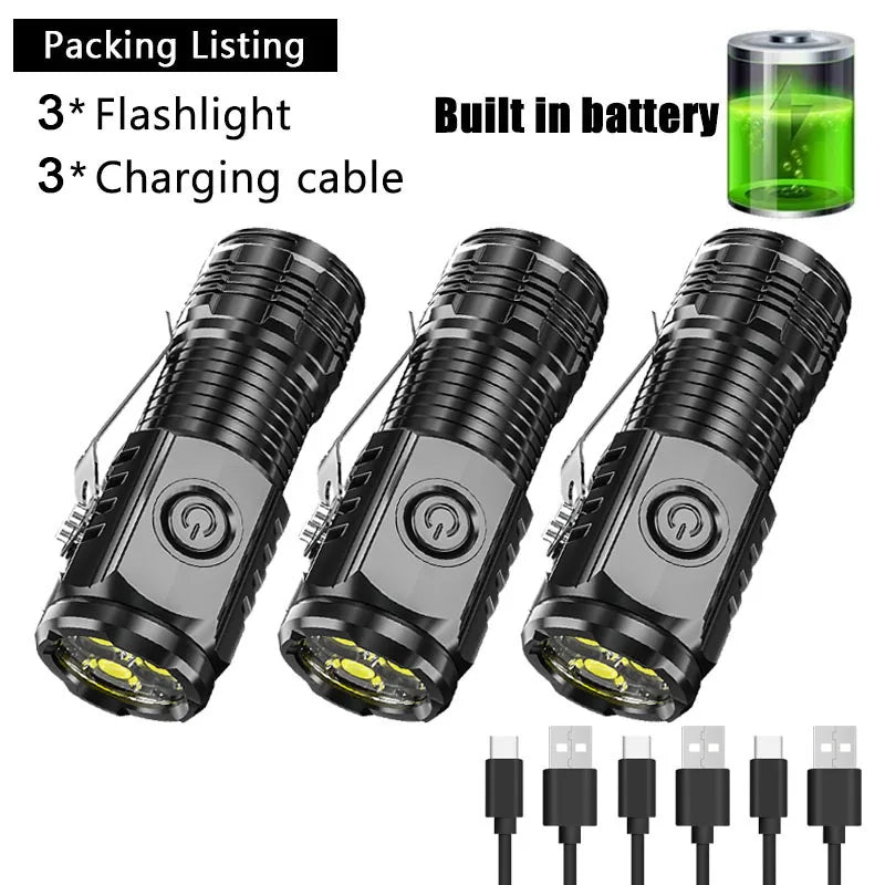 Super Bright Mini 3LED Flashlight With Pen Clip And Tail Magnet,Builtin Battery USB Charge Outdoor Portable Torch Emergency Lamp
