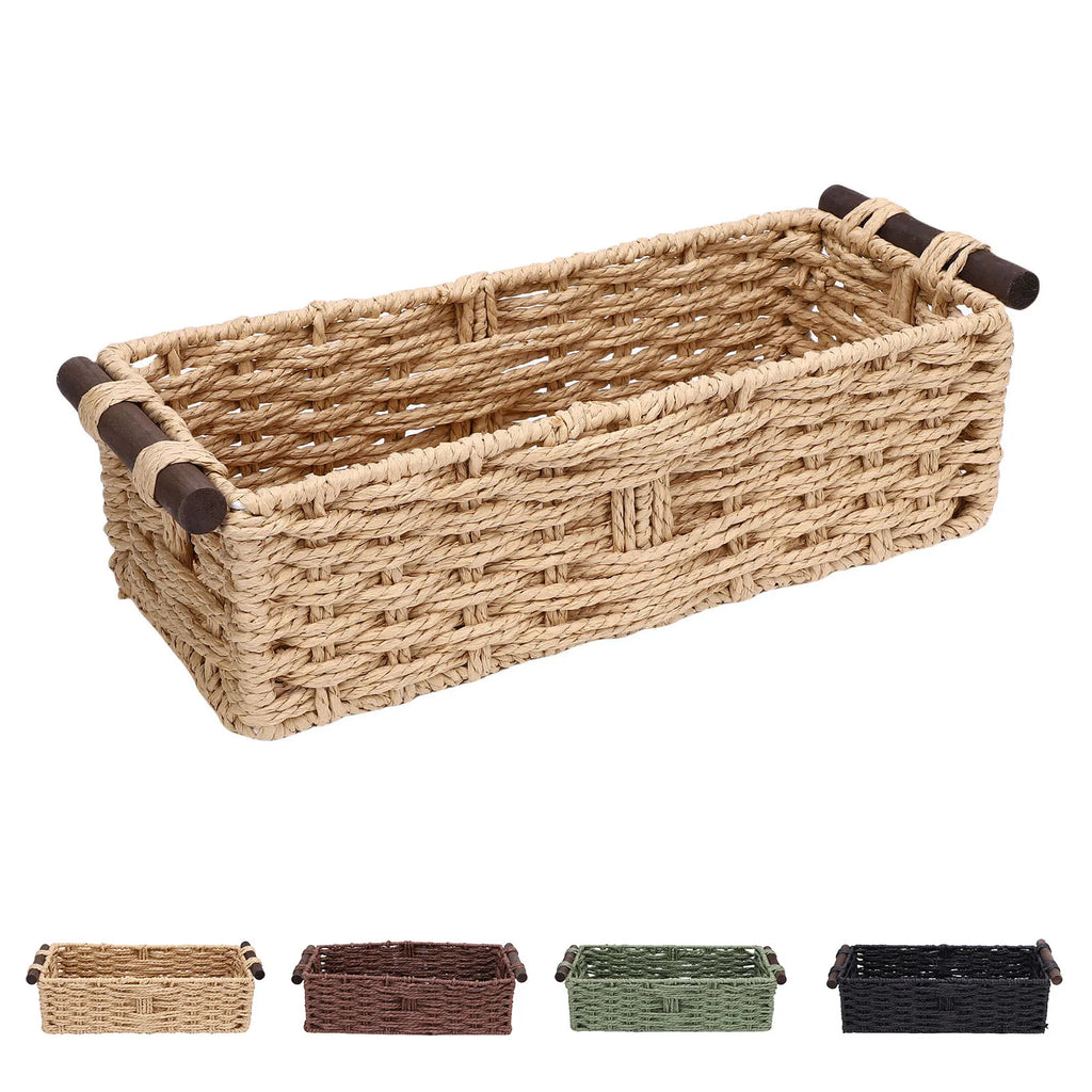 Toilet Paper Basket Handmade Decorative Cabinet Organizer Basket Breathable Wooden Handles Portable Paper Rope for Countertop