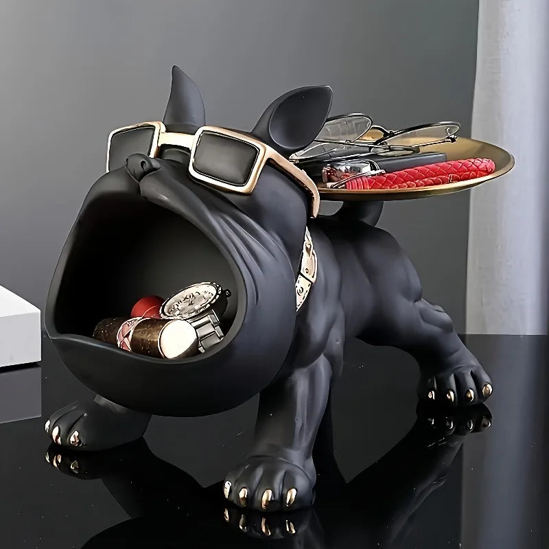 Black Bulldog Storage Decoration Set 1 piece - Stylish resin statue with gold rimmed glasses and dial - Perfect for home