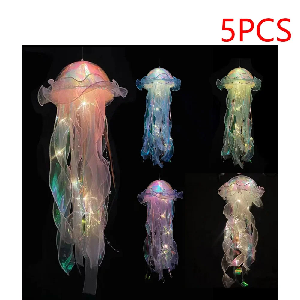 Jellyfish Colorful Nightlight Button Battery Hanging Ceiling Lantern with Ribbon&Bead LED Bulbs for Children Bedroom