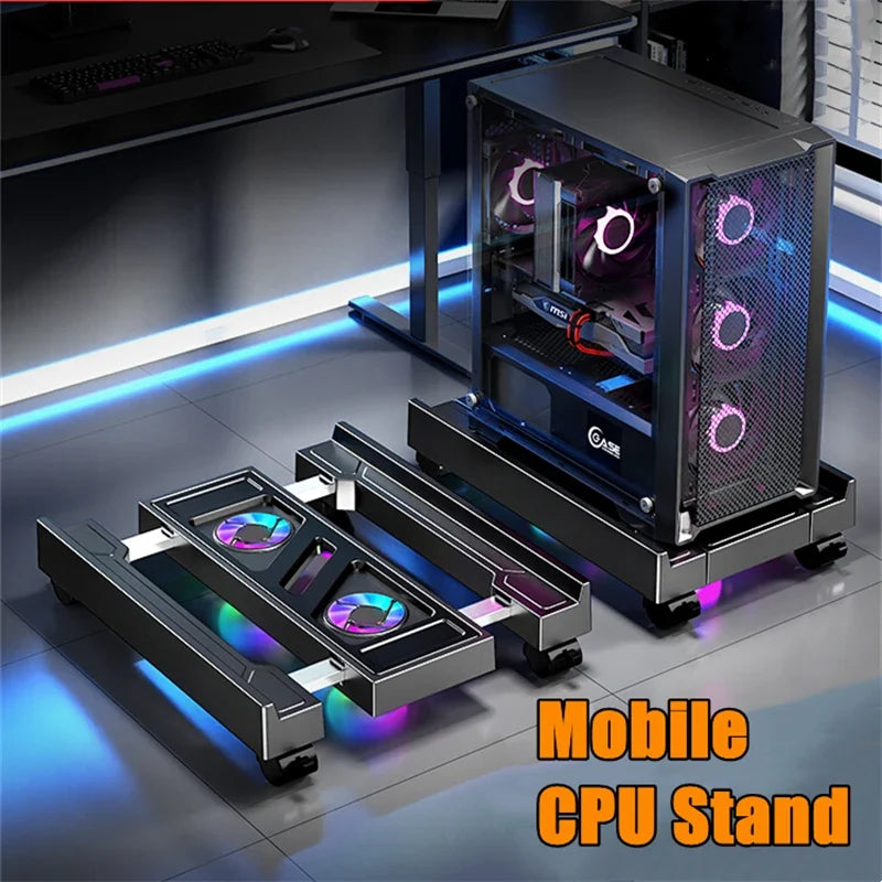 Mobile PC Tower Stand Adjustable Computer CPU Holder Telescopic Desktop Stand CPU Cart with RGB Cooling Fan Heat Dissipation