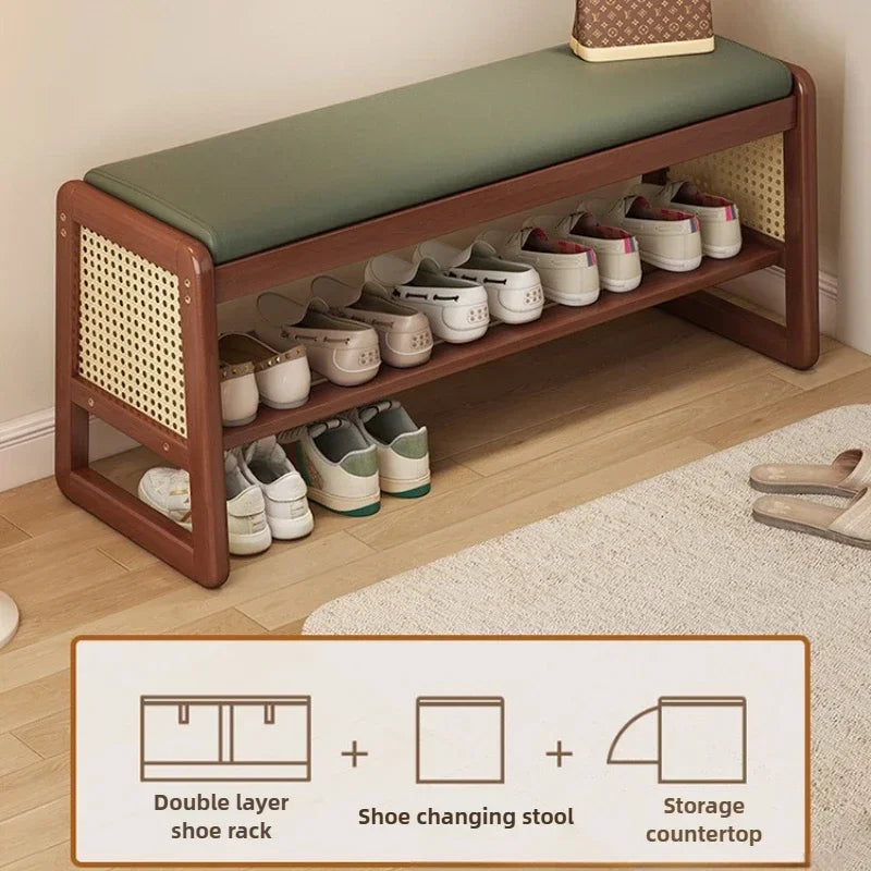 Teng woven shoe changing stool, entrance door, home door, multi-layer storage, solid wood, can sit on shoe stool