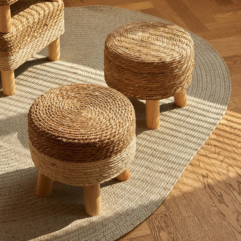 Grass woven stool, rural low stool, rattan woven shoe changing stool, thickened woven seat cushion stool