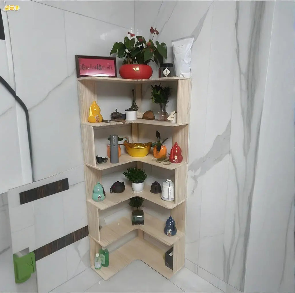 Solid wood corner bookshelf rack floor home living room corner multi-layer storage simple storage cabinet