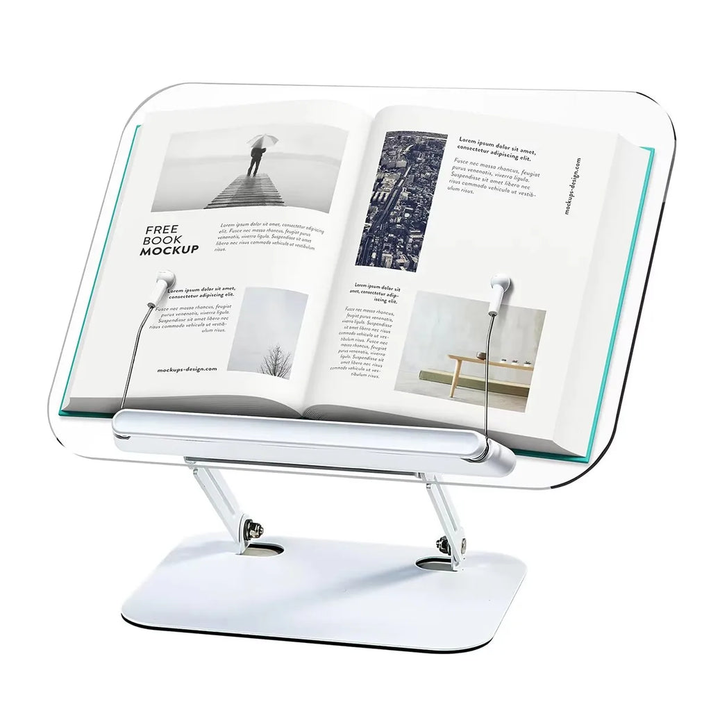 Acrylic Book Stand for Reading Adjustable Book Holder with 360° Rotating Base Elastic Page Clips Foldable Laptop Stand