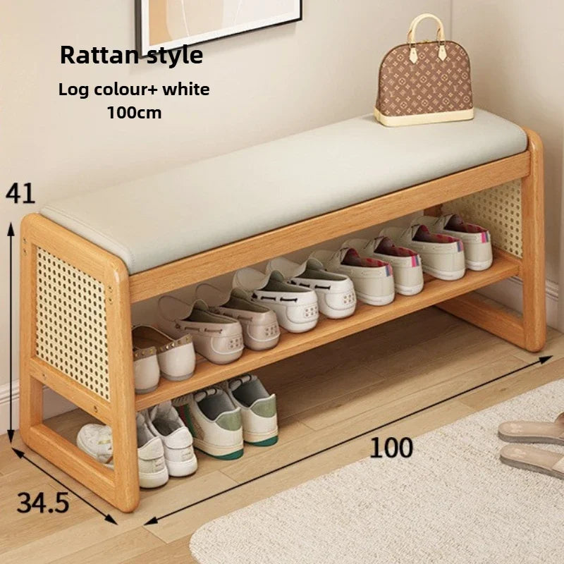 Teng woven shoe changing stool, entrance door, home door, multi-layer storage, solid wood, can sit on shoe stool