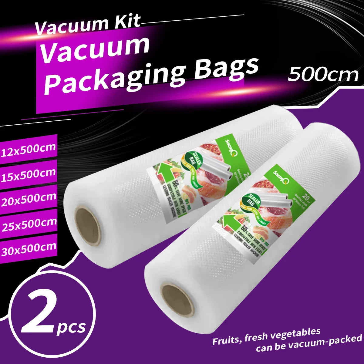 2 rolls of 500cm long textured rolls, vacuum compressed bags, single-sided mesh food vacuum packaging rolls, 2 packs