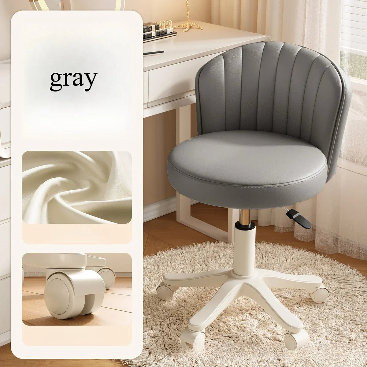 360° Rotating Chair Height- adjustable Makeup Stool Bedroom Dressing Table Chair with Wheels Backrest Chair Leather Vanity Chair