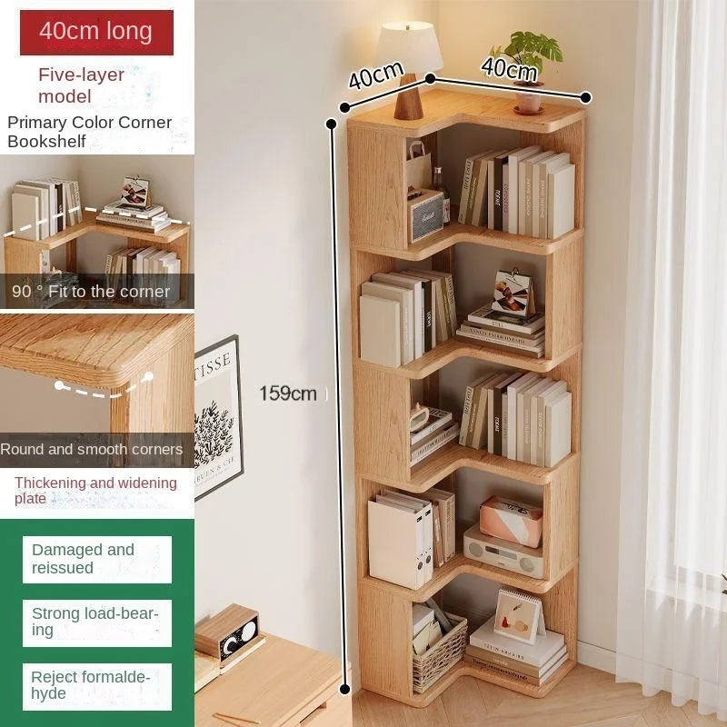 Solid wood corner bookshelf rack floor home living room corner multi-layer storage simple storage cabinet