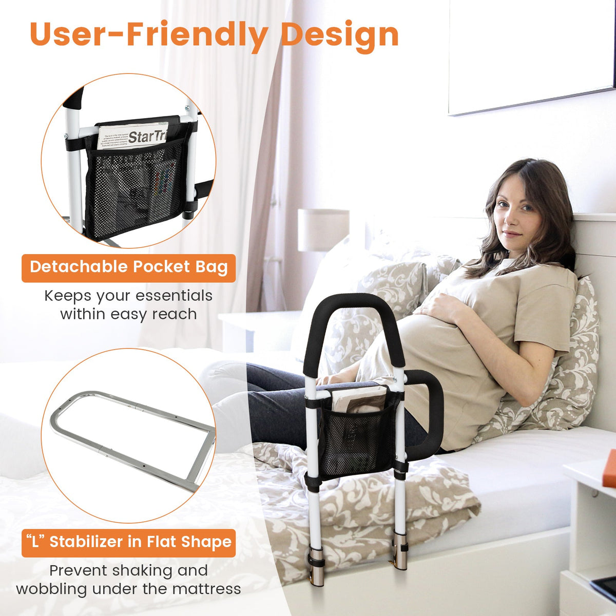 Safety Bed Assist Rail with Dual Handrail-White