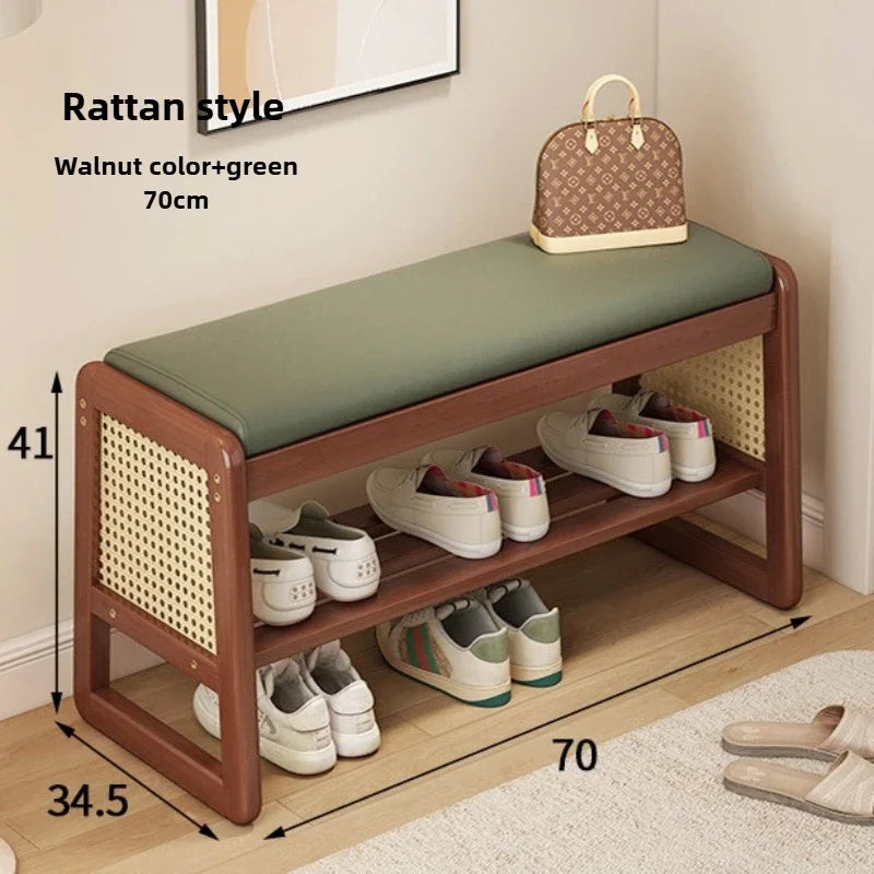 Teng woven shoe changing stool, entrance door, home door, multi-layer storage, solid wood, can sit on shoe stool