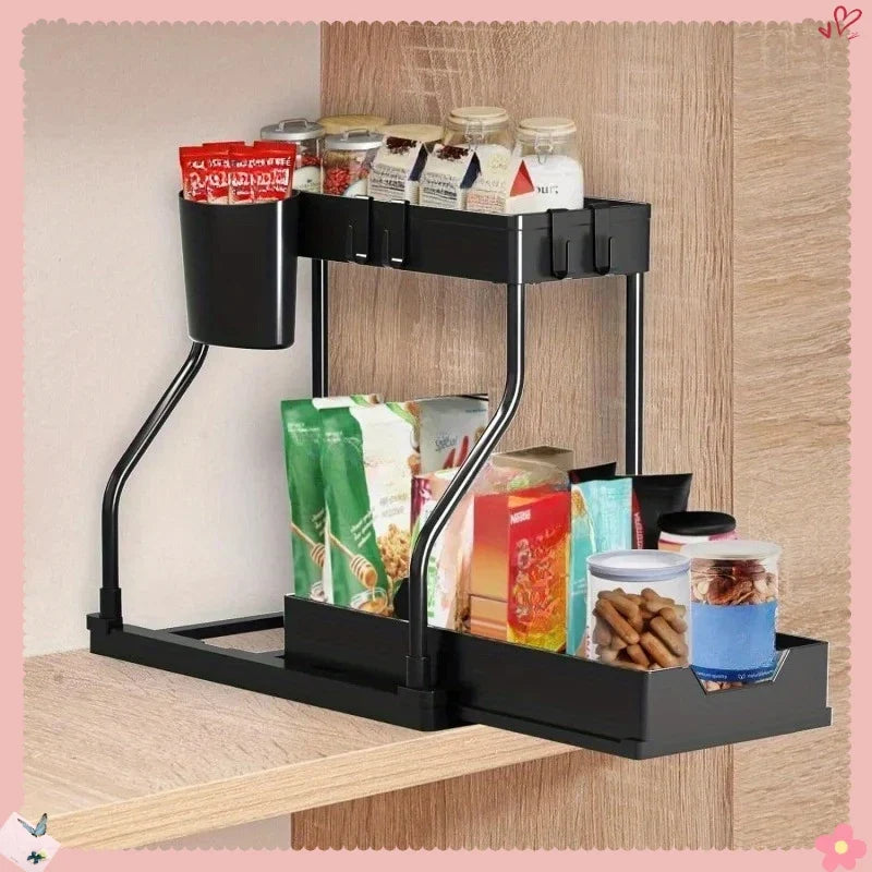 Bathroom & Kitchen Multi-Layer Pull-Out Storage Rack - Clutter Organizer for Sink Area & Seasonings