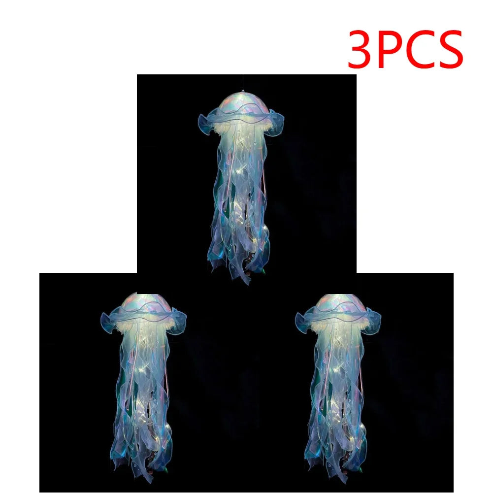 Jellyfish Colorful Nightlight Button Battery Hanging Ceiling Lantern with Ribbon&Bead LED Bulbs for Children Bedroom