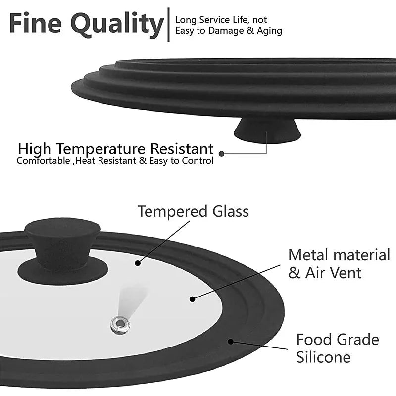 Multi Size Universal Lid for Pots Pans Cookware Tempered Glass Lid for Skillets with Silicone Rim Replacement Lid for Frying Pan