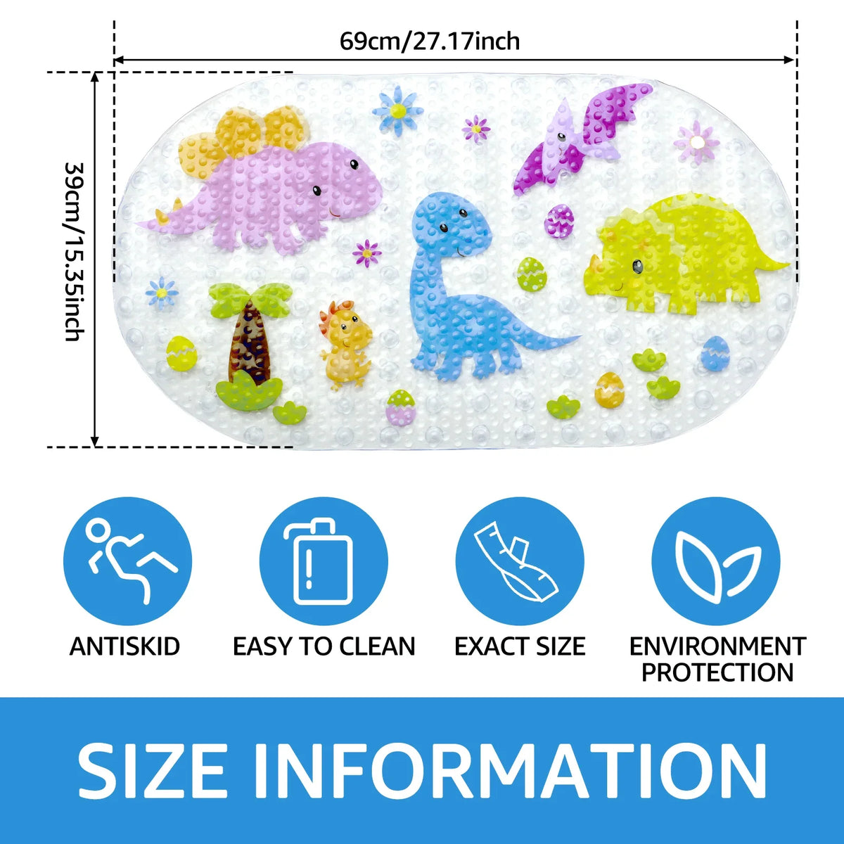 Kids Cartoon Non Slip Bathroom Mat PVC Baby Bath Mat with Suction Cup 69x39cm Oval Baby Bathroom Shower Mat for Household Bath