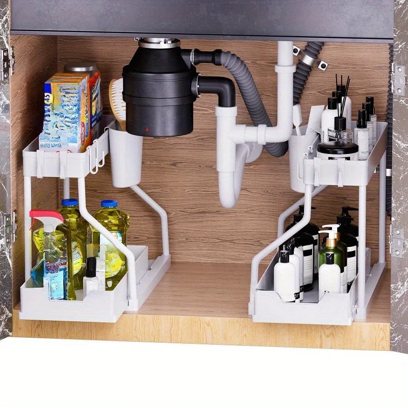 Bathroom & Kitchen Multi-Layer Pull-Out Storage Rack - Clutter Organizer for Sink Area & Seasonings