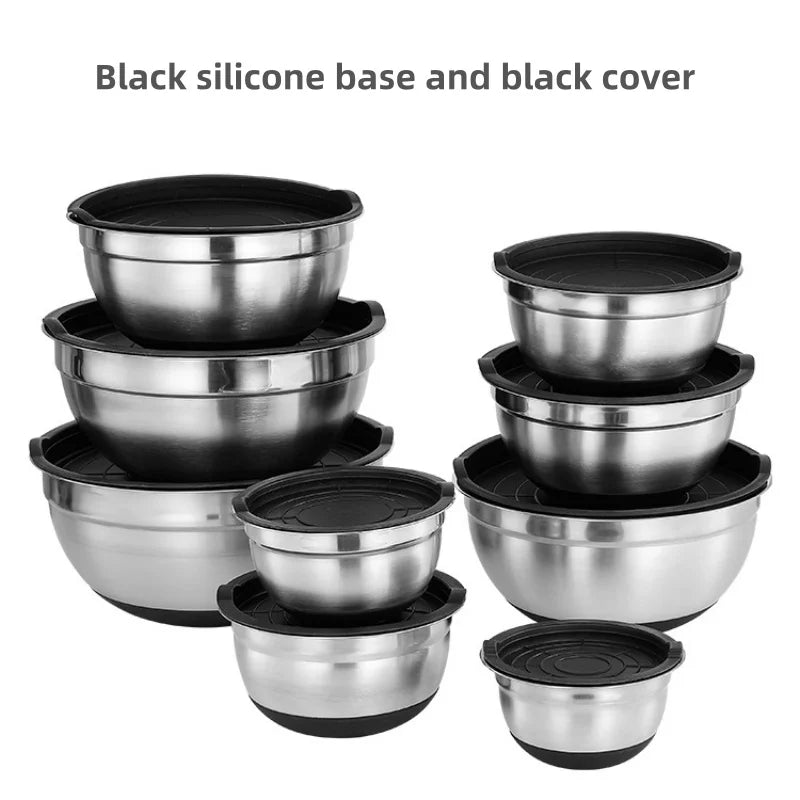 1/6PCS Silicone Bottom Thickened with Lid Cooking Basin Stainless Steel Egg Beating Basin Salad Mixing Basin Kitchen Baking