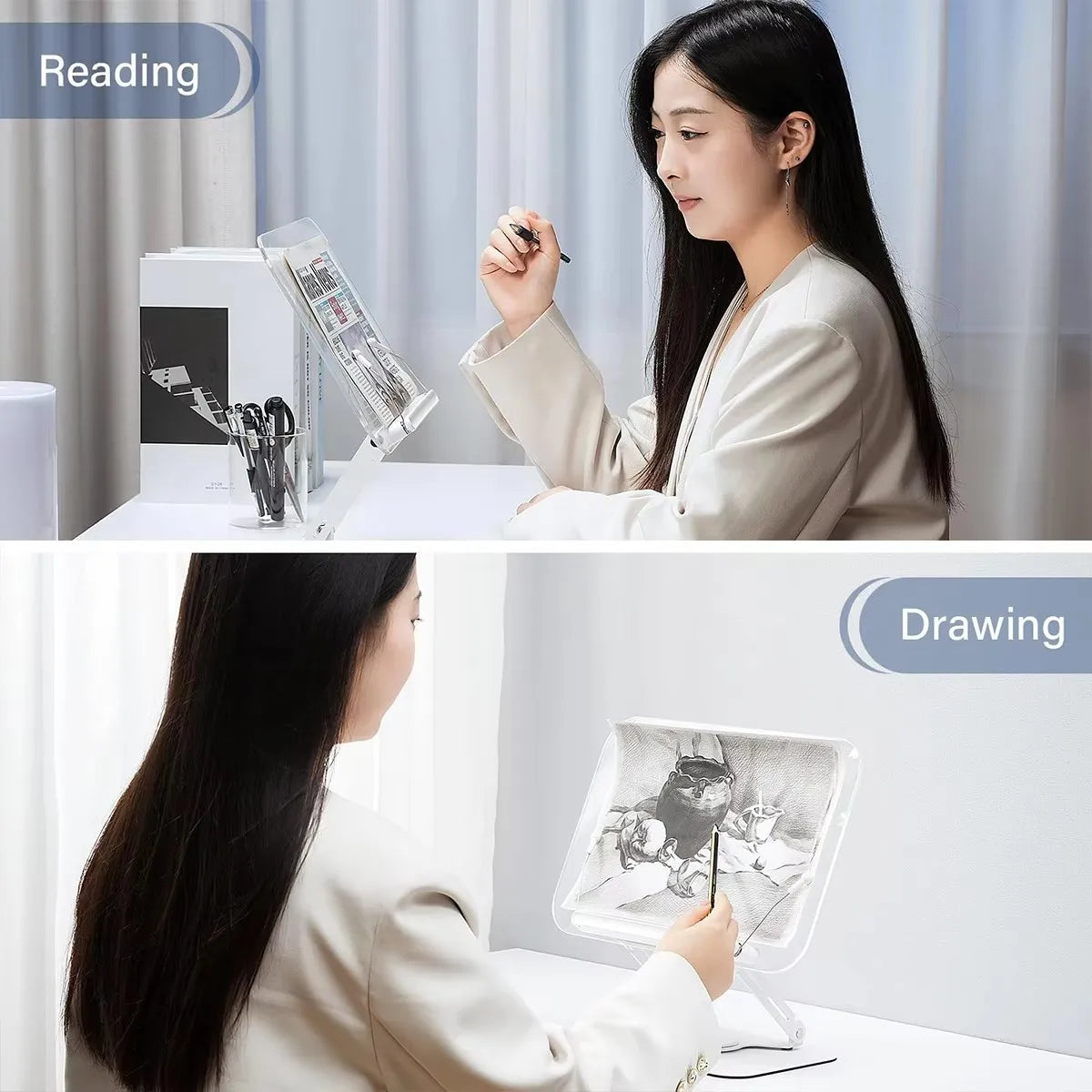 Acrylic Book Stand for Reading Adjustable Book Holder with 360° Rotating Base Elastic Page Clips Foldable Laptop Stand