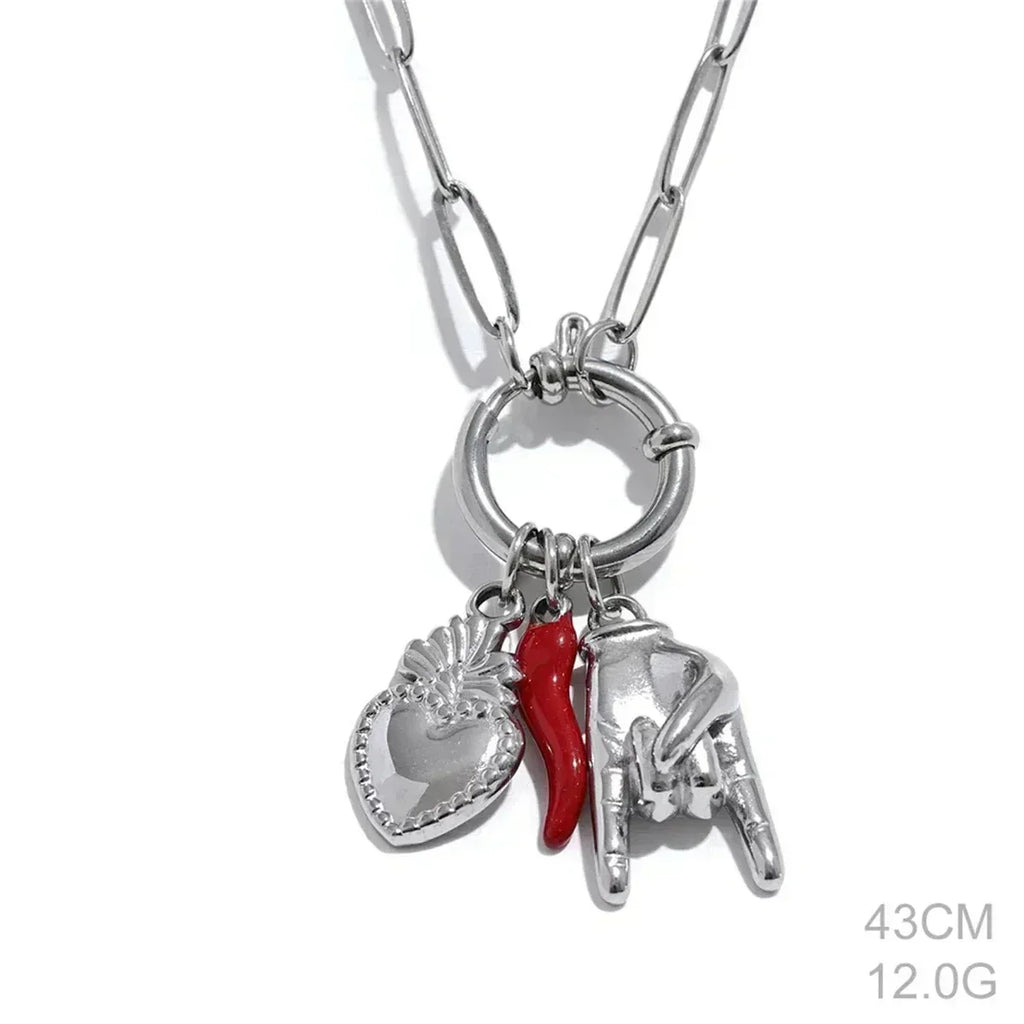 Classic Hot Selling Bull Horn Sacred Heart Detachable Pendant Necklace for Women's Horseshoe Rock Gesture Splicing Necklace