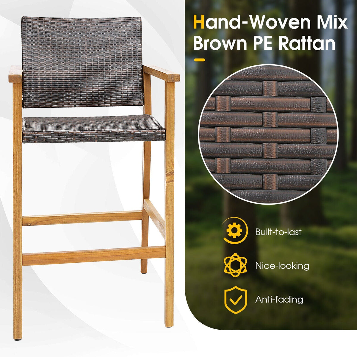 Set of 2 PE Wicker Patio Bar Chairs with Acacia Wood Armrests-Set of 2