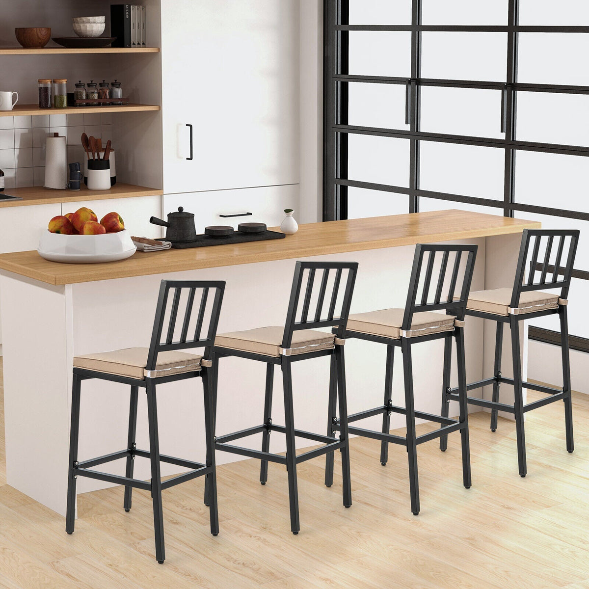 Set of 2 Patio Bar Chairs with Detachable Cushion and Footrest-Vertical Stripes