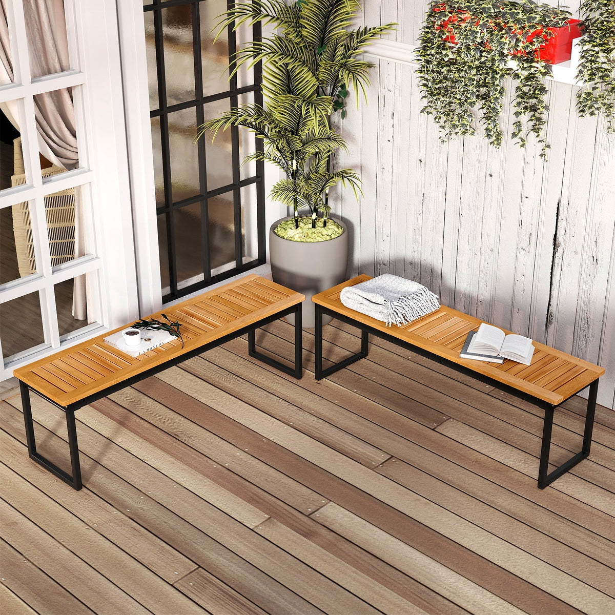 Set of 2 Patio Dining Bench for 2-3 Person Indoor Outdoor