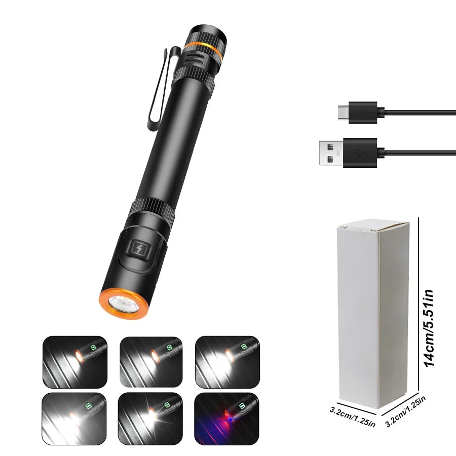 High Power Mini Flashlight USB Charging Small Flashlight with Clip Magnetic Pocket Torch for Camping Hiking Emergency Light