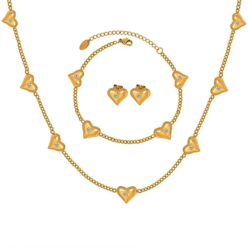 Cute Heart Necklace Earrings Bracelet Jewelry Set Stainless Steel For Women Fashion Shiny Zircon Bridal Accessories Wedding Gift