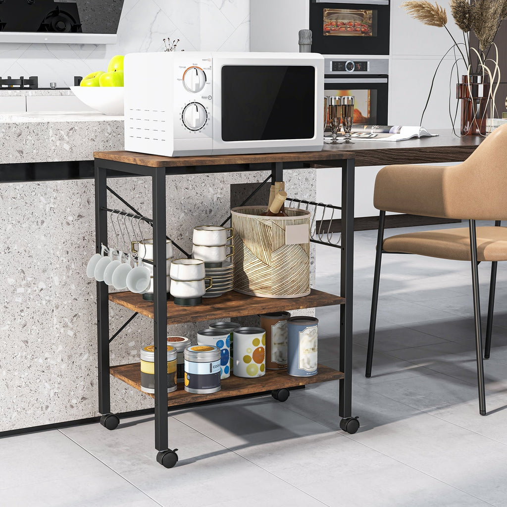 3-Tier Kitchen Baker's Rack Microwave Oven Storage Cart with Hooks