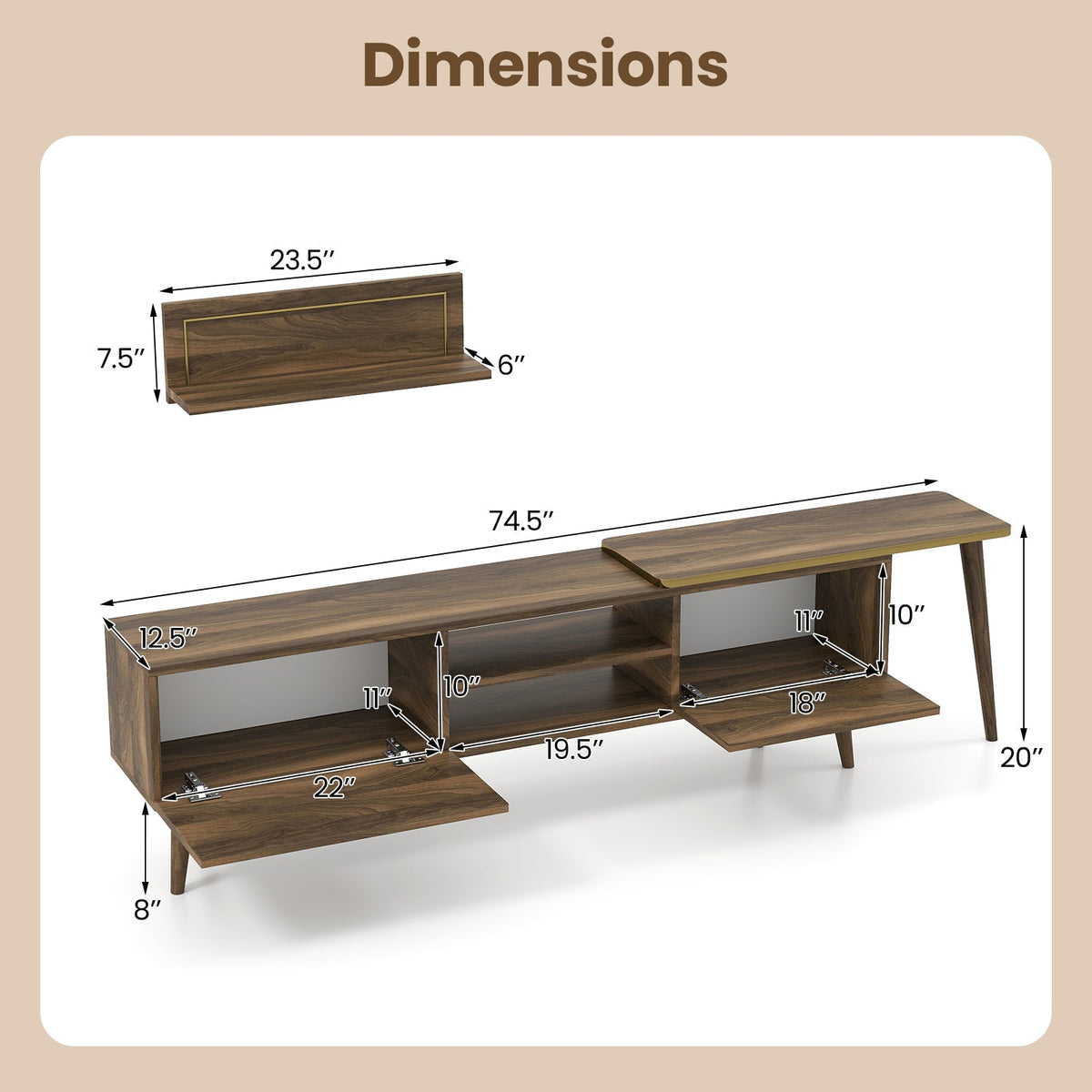 Mid-century Modern TV Stand for TVs up to 85 Inch with Open Compartments-Walnut