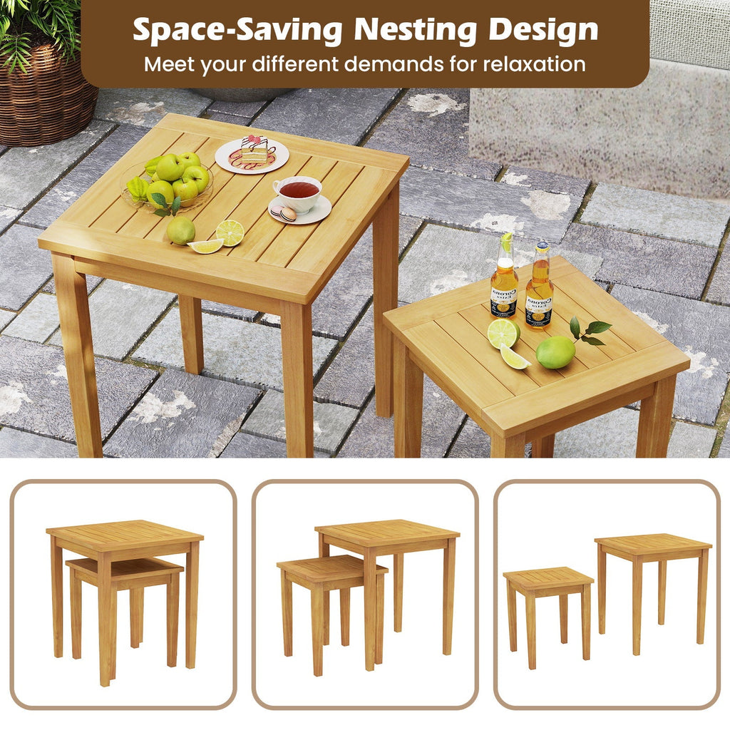 2 Pieces Space Saving Design Teak Wood Outdoor Patio Nesting Table