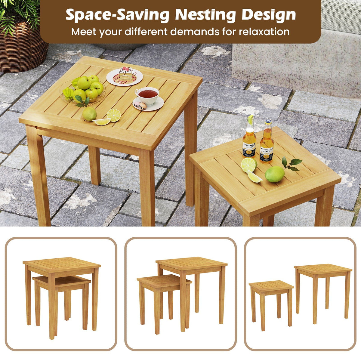 2 Pieces Space Saving Design Teak Wood Outdoor Patio Nesting Table