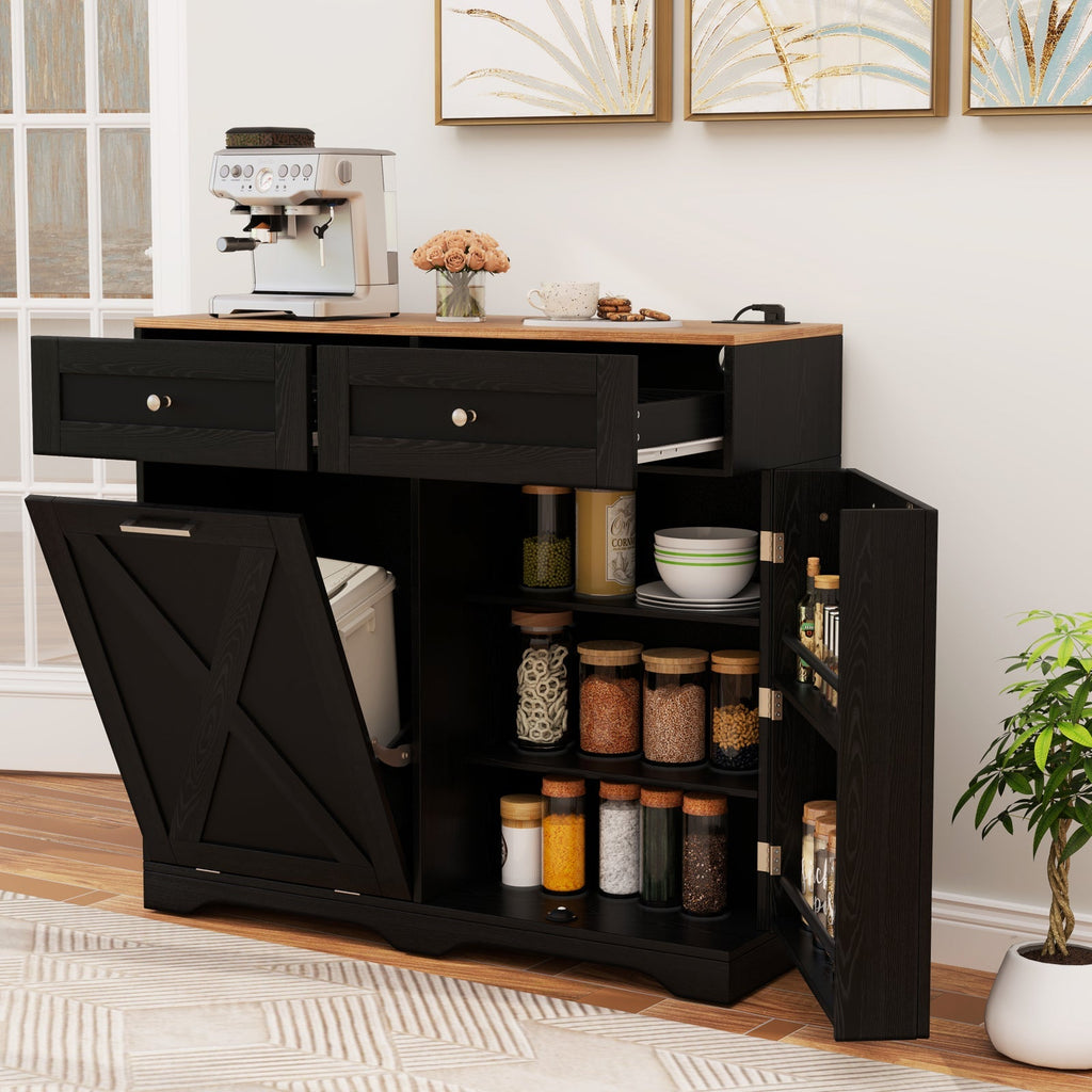 Tilt Out Trash Can Cabinet with Outlets and Adjustable Shelf