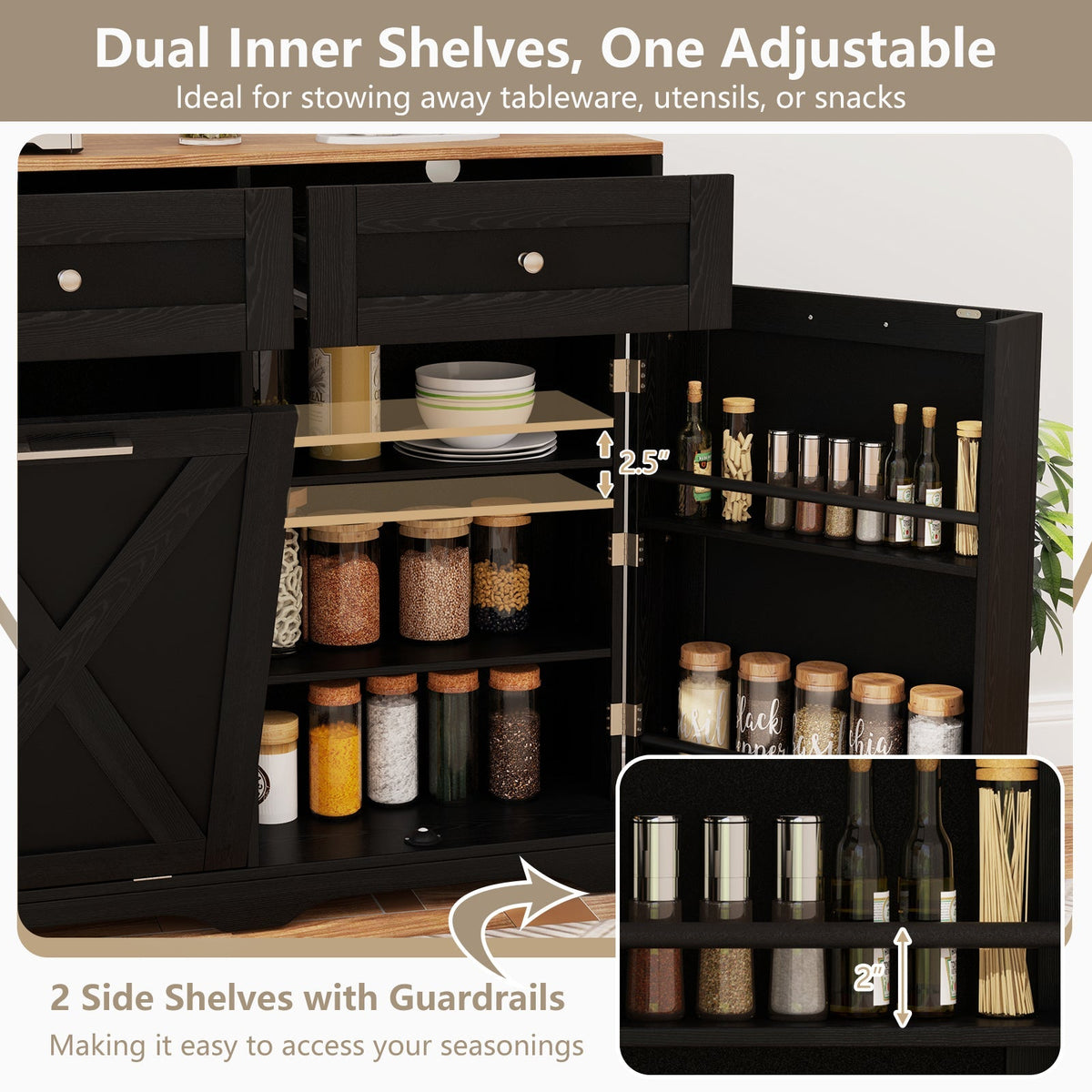 Tilt Out Trash Can Cabinet with Outlets and Adjustable Shelf