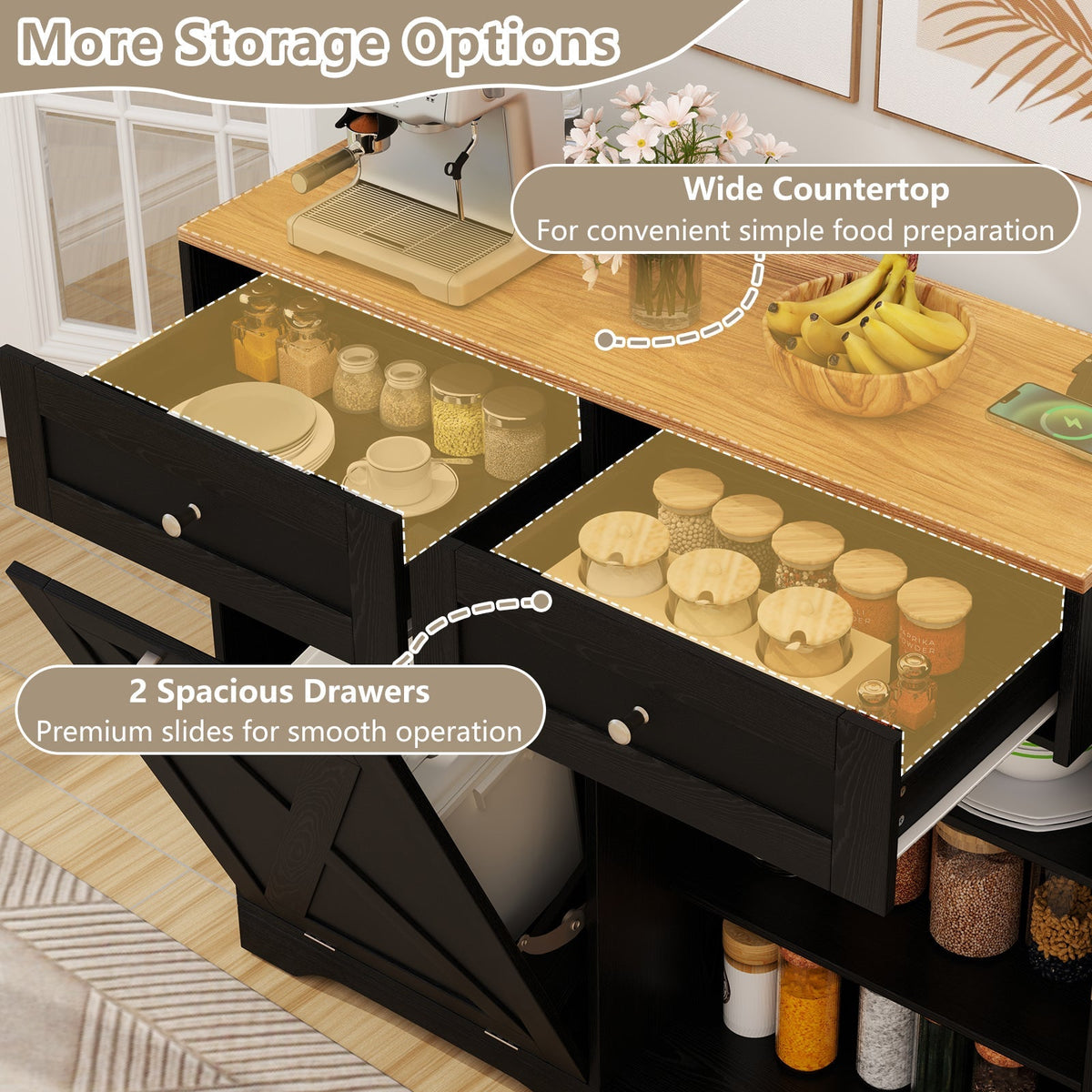 Tilt Out Trash Can Cabinet with Outlets and Adjustable Shelf