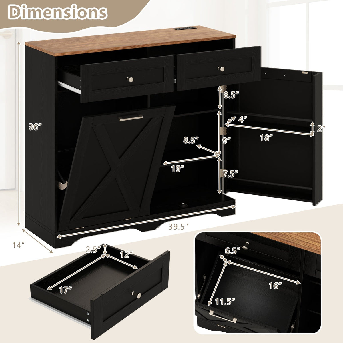 Tilt Out Trash Can Cabinet with Outlets and Adjustable Shelf