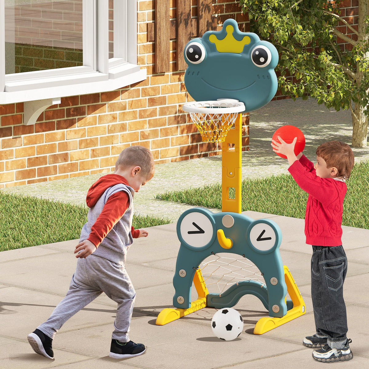 4-in-1 Toddler Basketball Hoop with Rim and Soccer Goal for 3+ Kids