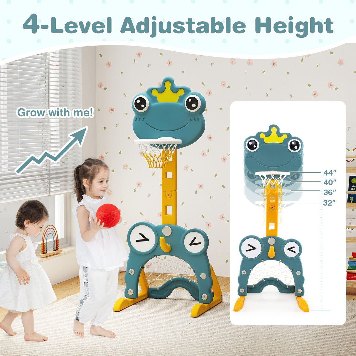 4-in-1 Toddler Basketball Hoop with Rim and Soccer Goal for 3+ Kids