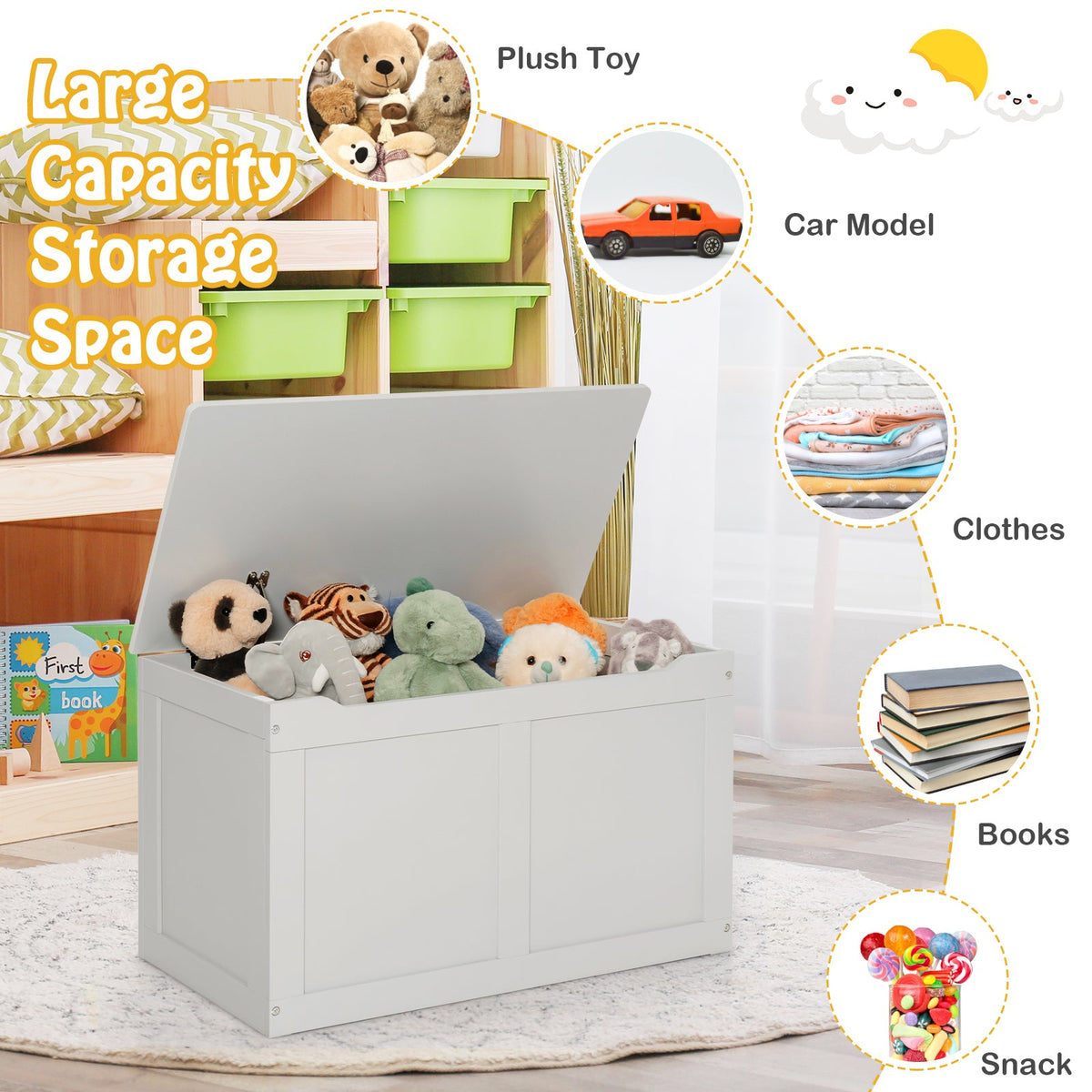 Safety Hinge Wooden Chest Organizer Toy Storage Box-Gray