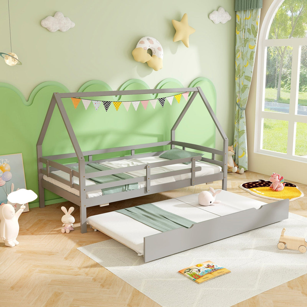 Twin House Bed with Trundle and Fence Rail