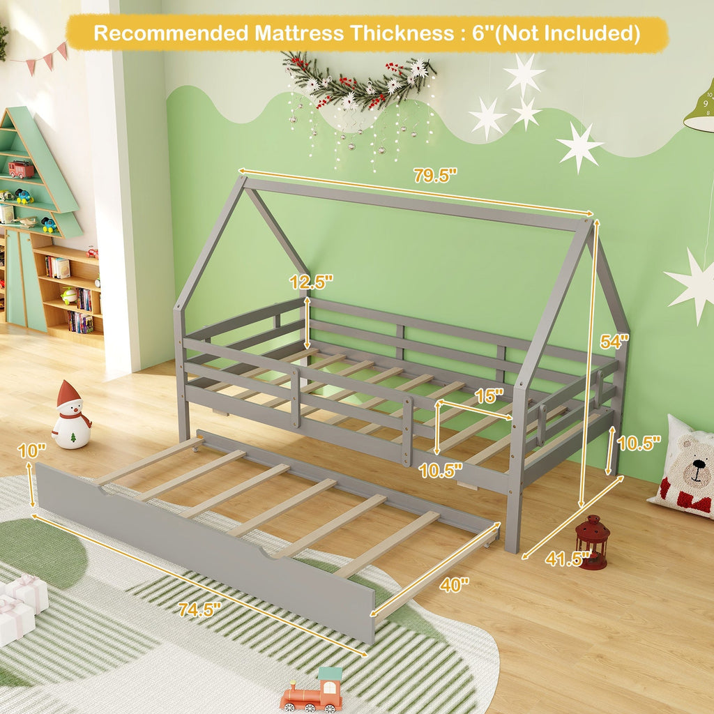 Twin House Bed with Trundle and Fence Rail