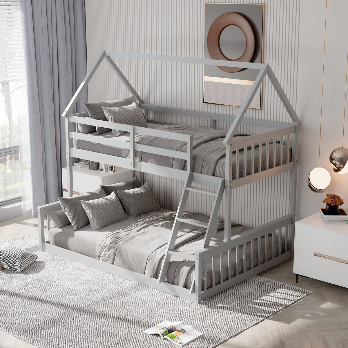 Twin Over Full House Bunk Bed with Ladder and Guardrails