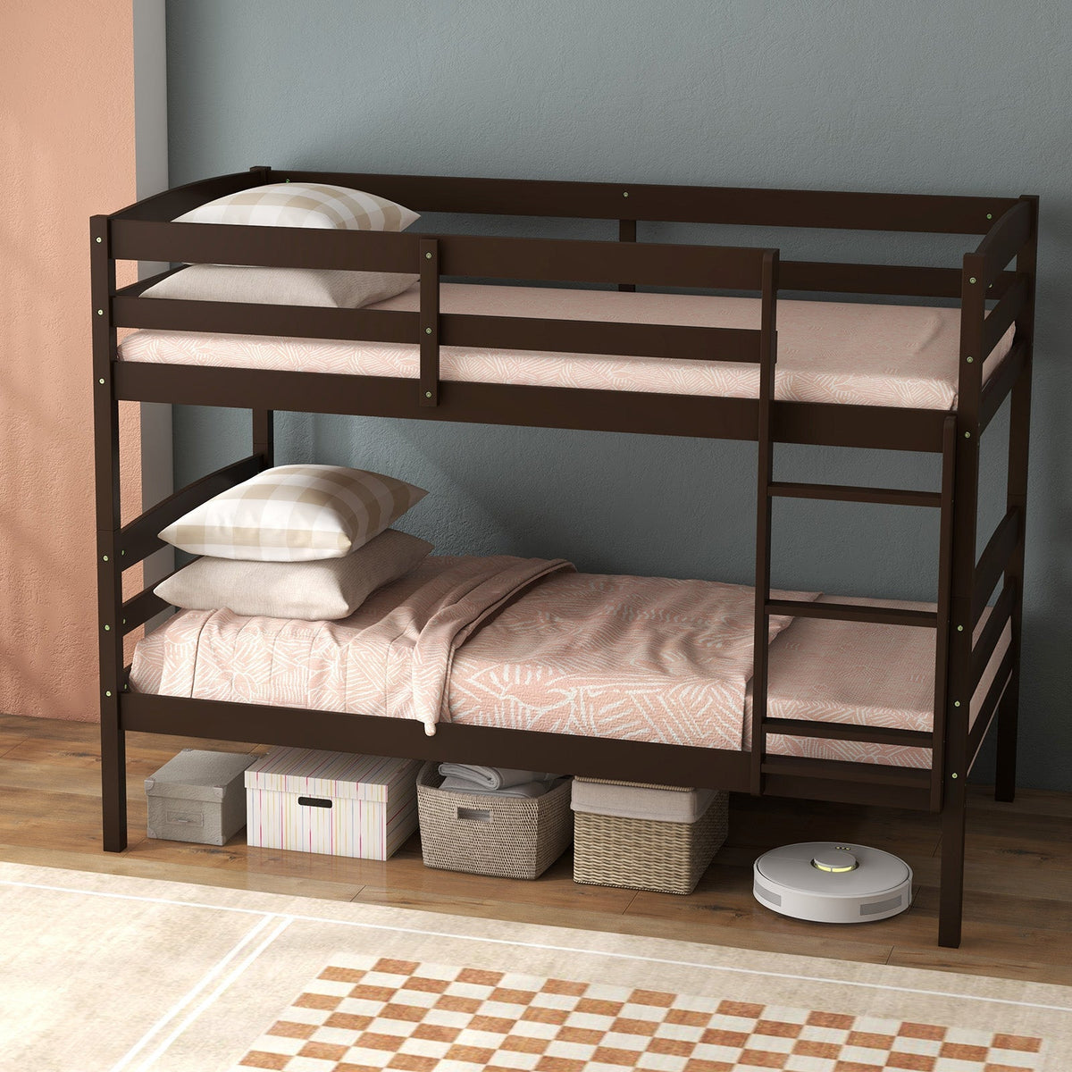 Solid Wood Twin Over Twin Bunk Bed Frame with High Guardrails and Integrated Ladder