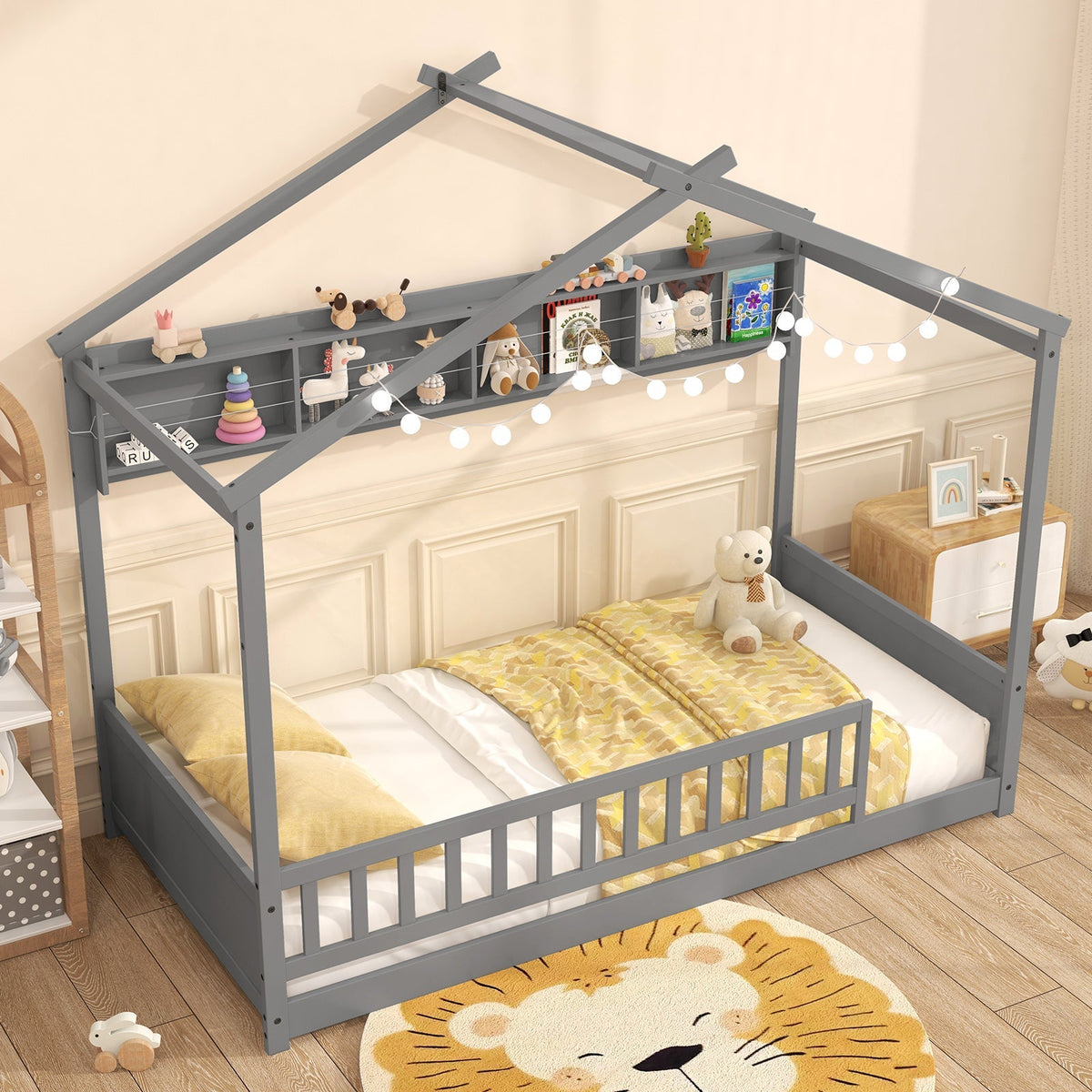 Twin Size House Bed with Storage Shelf and Headboard