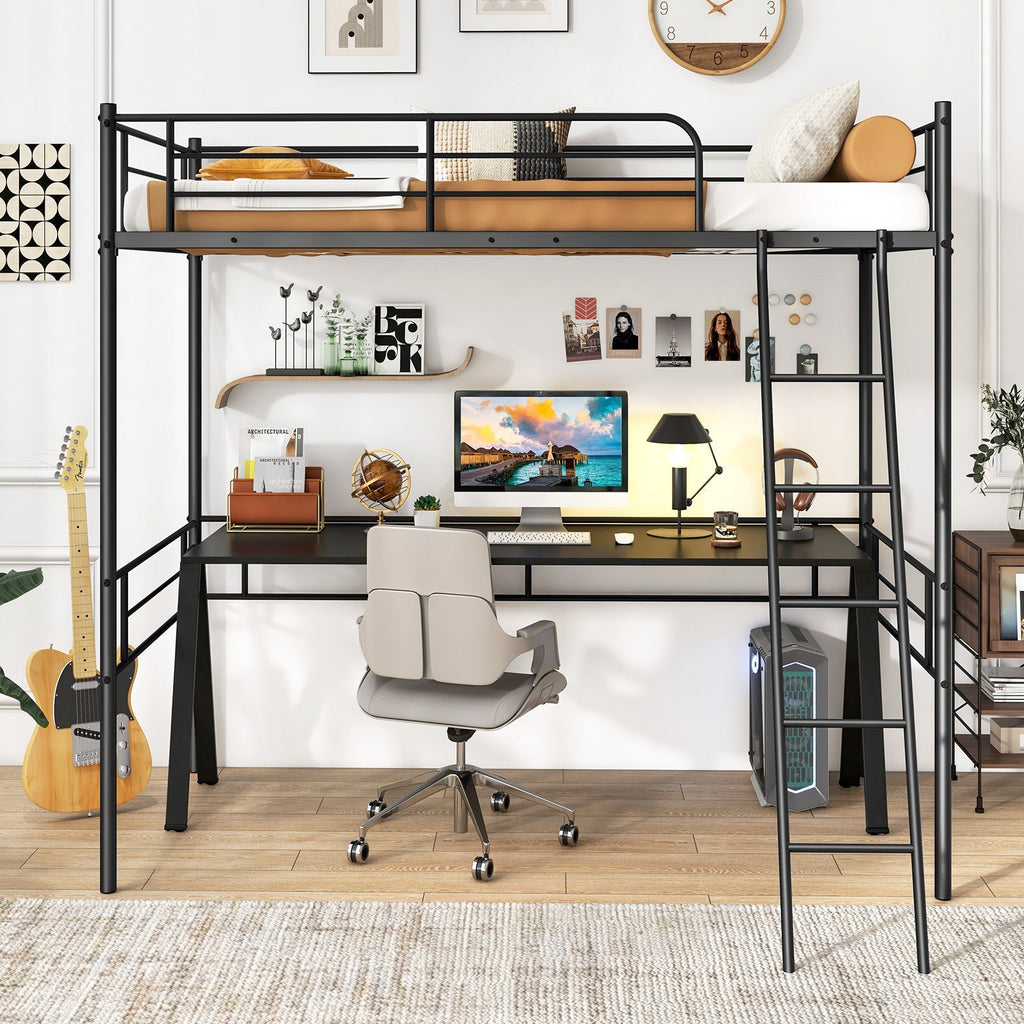 Twin Size Loft Bed Metal Bed Frame with Ladder and Guardrails-Black