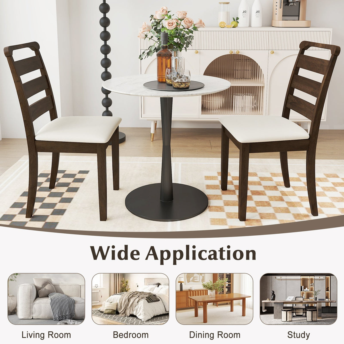Polyester Upholstered Wooden Dining Chair Set of 2-Walnut