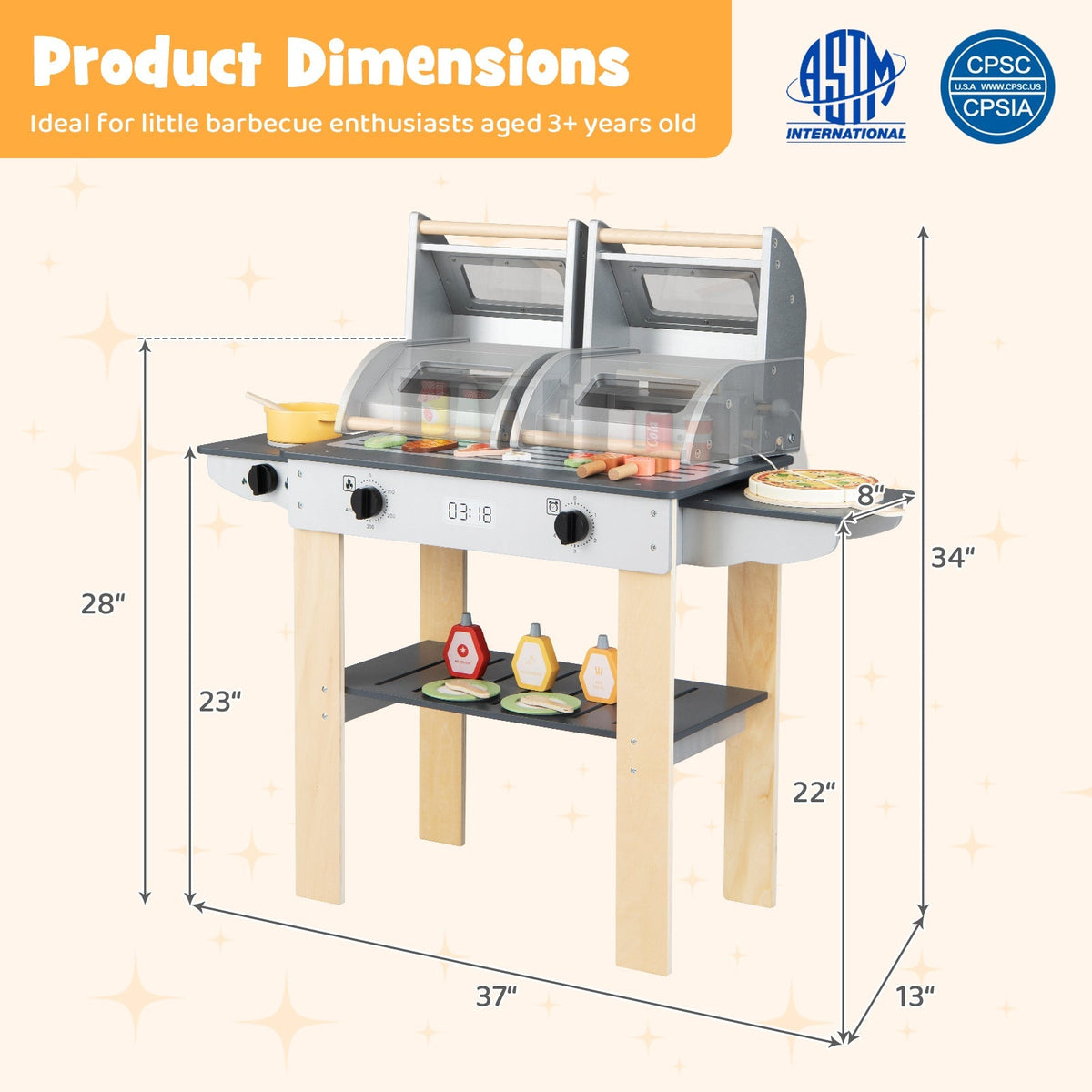 Wooden Kids Barbecue Grill Playset Kids Toy Grill with Abundant Grilling Tools and Play Foods